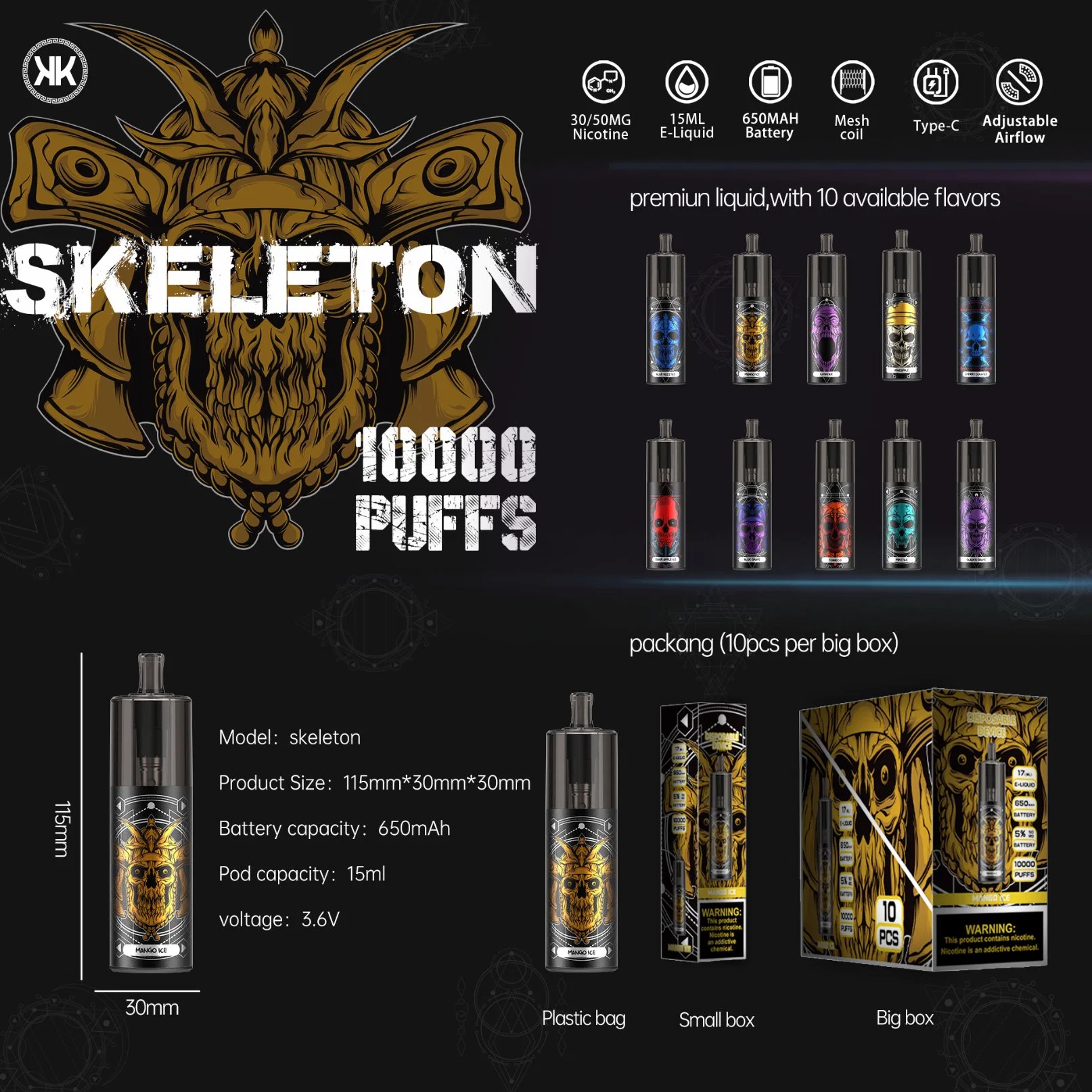 Factory New Design Wholesale/Supplier Disposable/Chargeable Vape Pen Hookah Kk Skeleton 10000 Puffs 10K Randm Original Vaporizer Empty Vape Juice