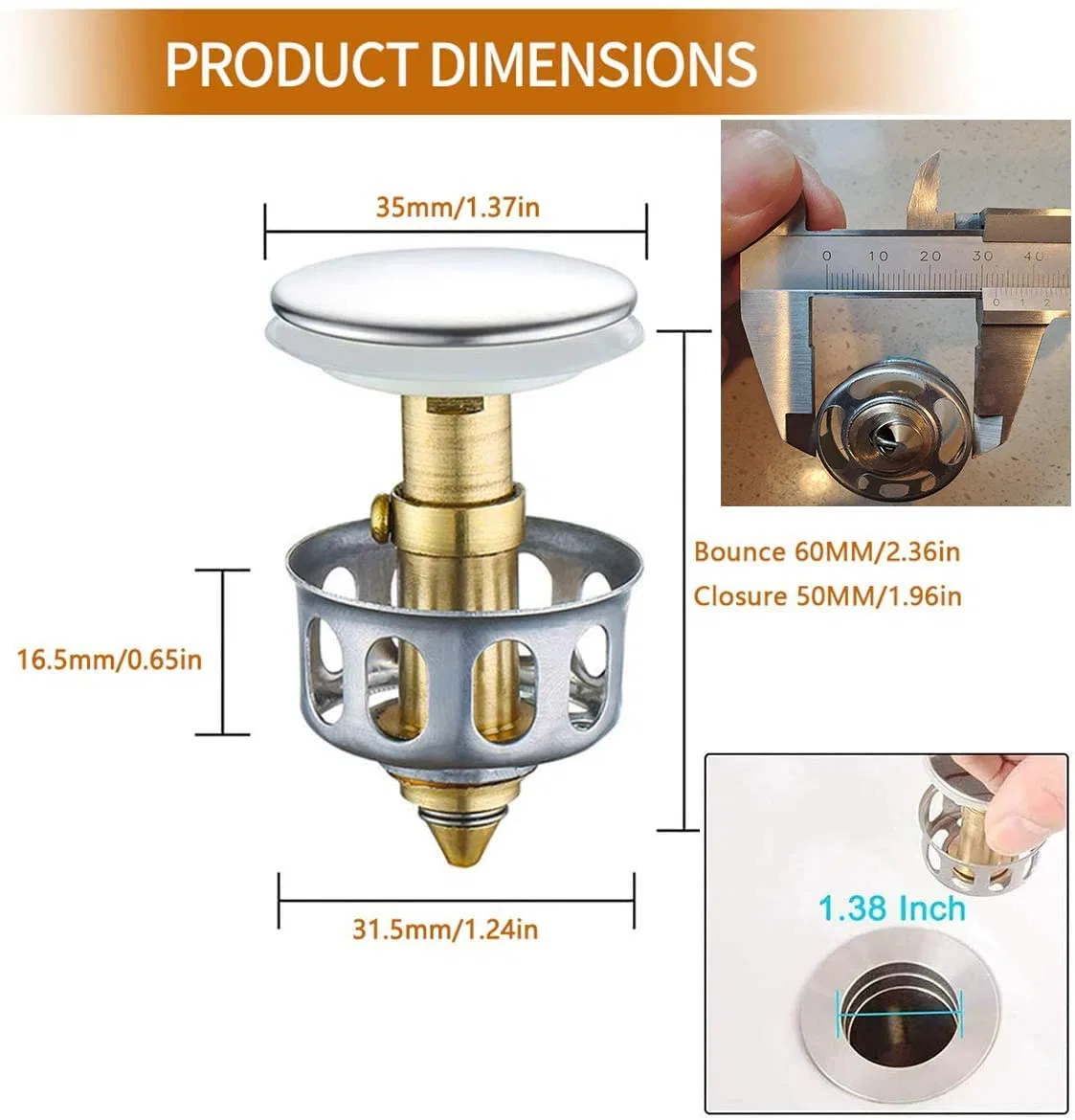 Venta caliente Wash Basin Bounce Drain Filter Acero inoxidable Tipo Push Núcleo de rebote sin desbordamiento tapón de drenaje de sumidero emergente