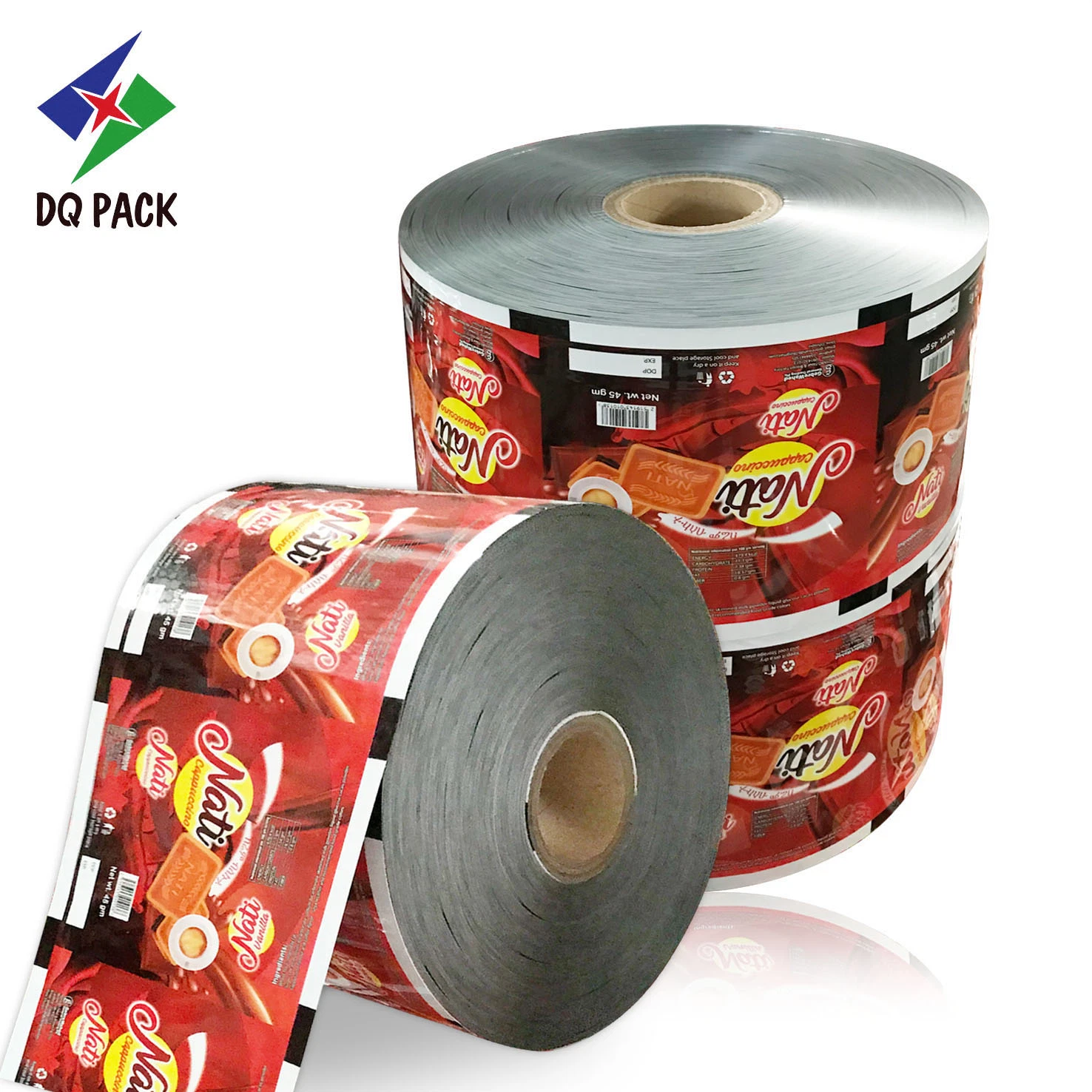 Dq Pack Impresso Personalizado Grau Alimentício plástico laminado em folha de alumínio e de plástico macio estanqueidade personalizados de filme de rolo rolo plástico filme sanduíche para embalagem de biscoitos