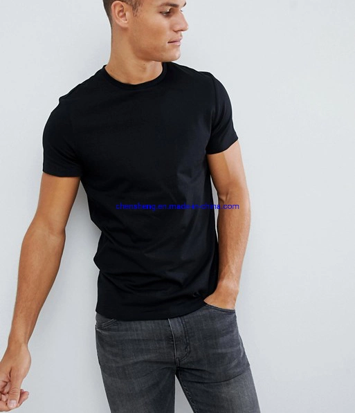 Comercio al por mayor Camiseta de manga corta cuello redondo de algodón de buena calidad 95%5%Spandex Negra Slim Fit camiseta para hombres