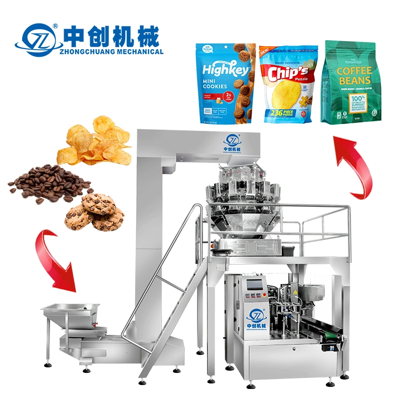 Machine d'emballage/remplissage de sacs en plastique pour aliments tels que desserts, chips de pommes de terre, café en grains, dans des sachets préfabriqués, avec système automatique rotatif de type Doypack.