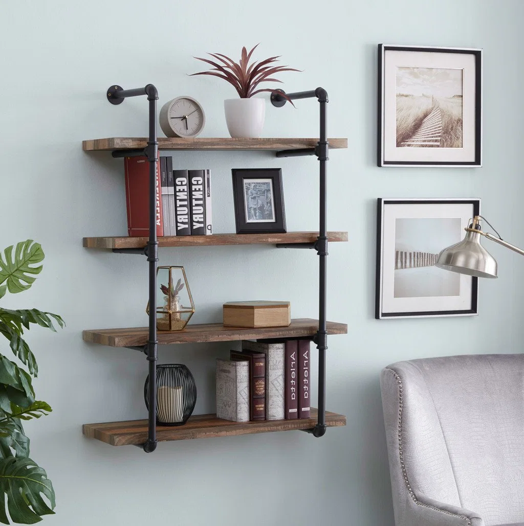 Industrial Pipe Shelf Wood Shelves Wall Mounted, Metal Pipe Shelves Floating Book Shelves, Steampunk Wall Shelves for Office