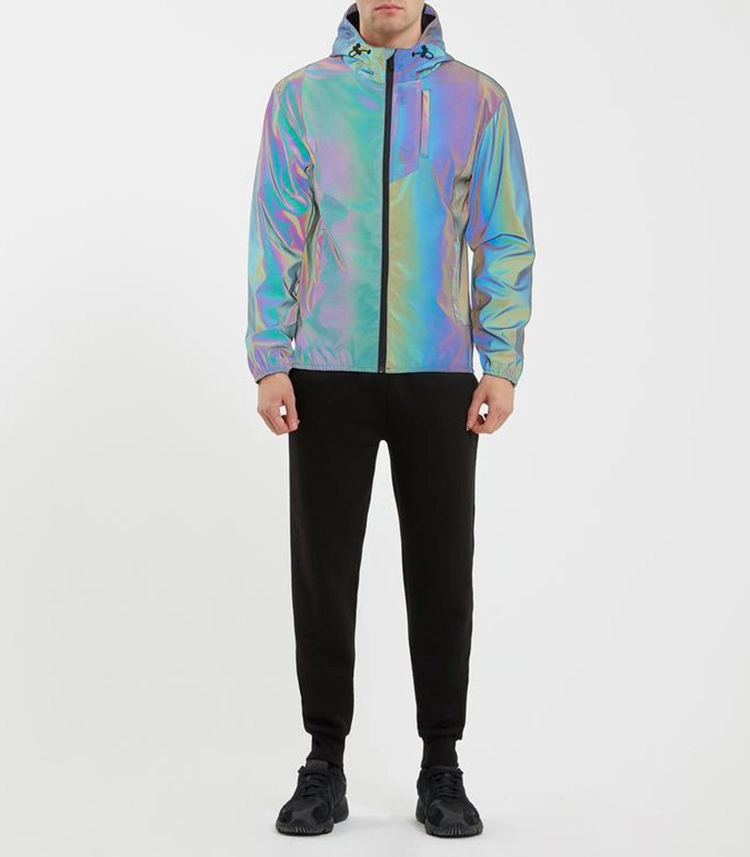 High-End Iridescent Streetwear Full Zip Reversible Wearing Reflective Rainbow Jacket with Hood