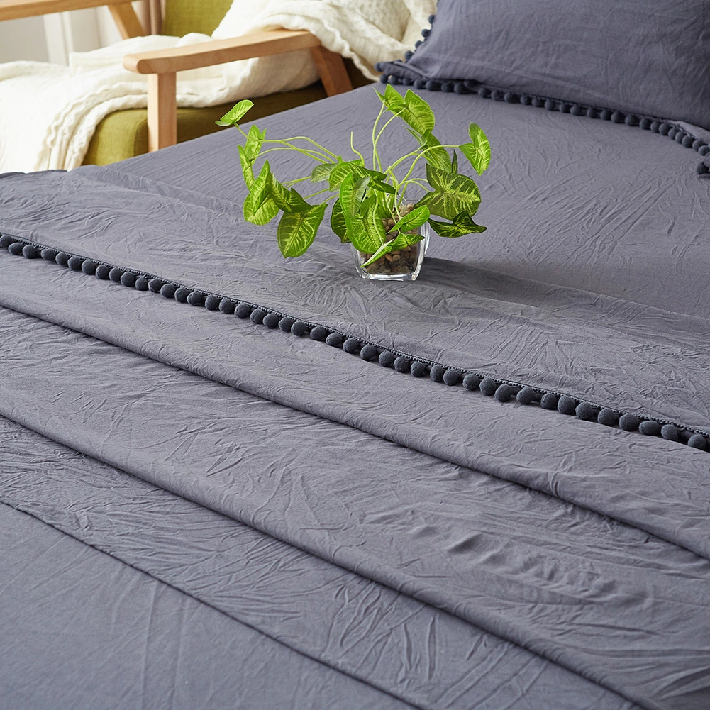 Stone Washed Flouncing Microfiber Bed Sheet Sets with Fringe