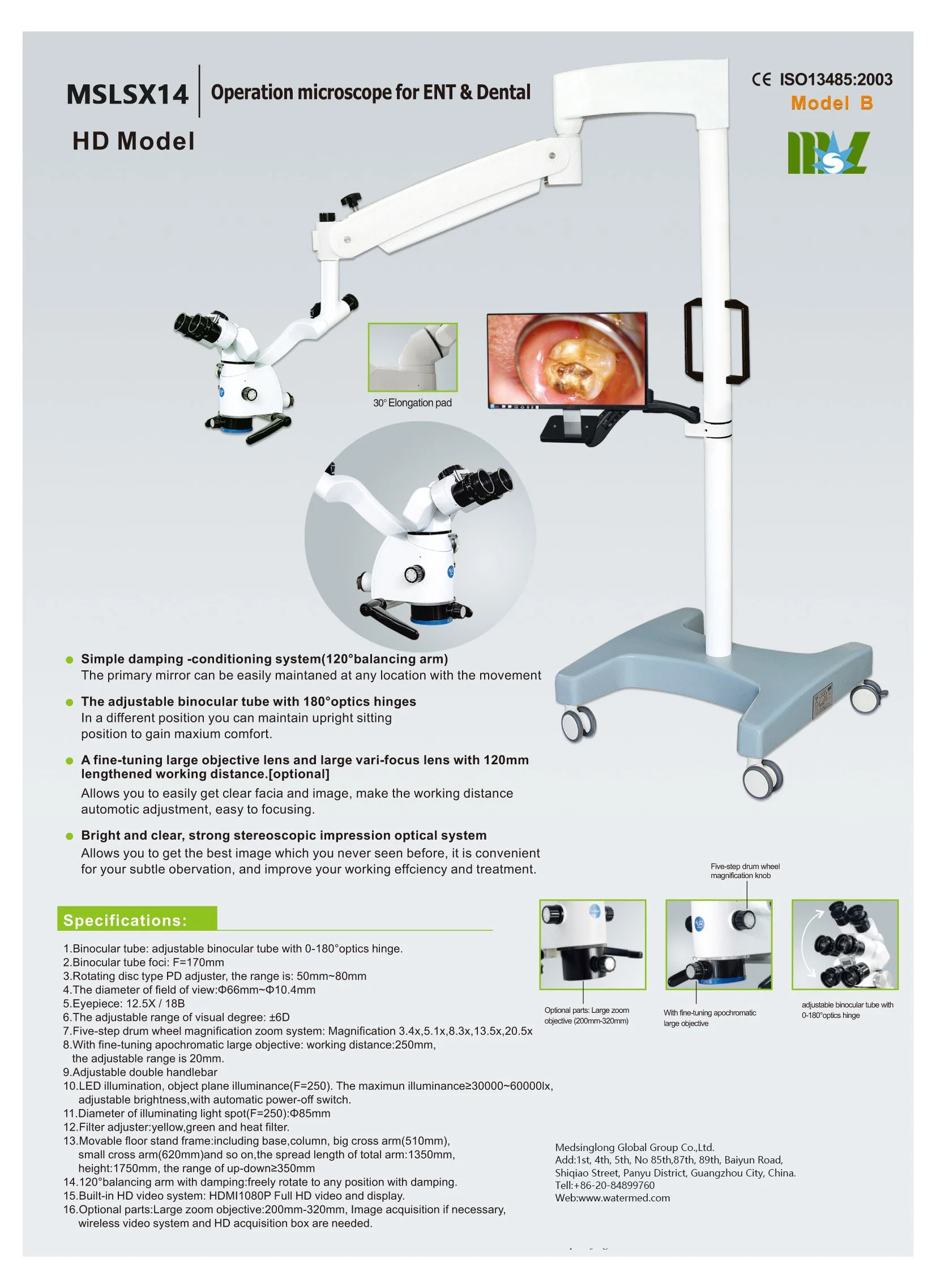 Binocular Ent Dental Operation Microscope with Stereoscopic Impression Optical System and LED Cold Light Mslsx14