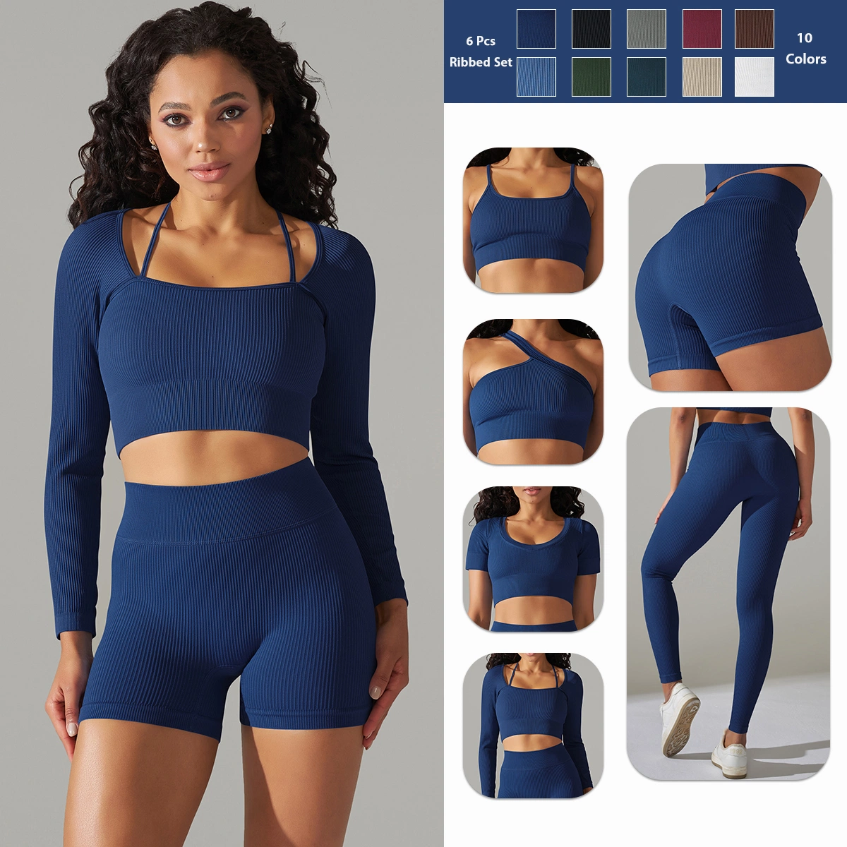 Popular dos piezas Ribbed verano ropa de gimnasio para mujer, Bespoke Marca logotipo corta Top + Biker conjunto pantalones cortos de yoga de color sólido Deportes jogging trajes