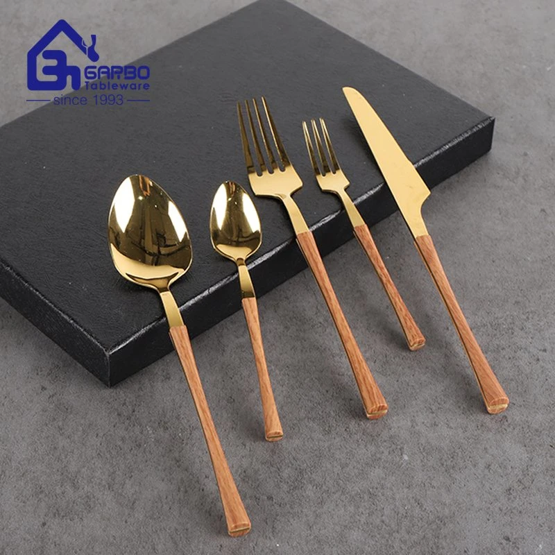 High-End 5 Pieces Stainless Steel Flatware Set Custom Goldenware Set Elegant Life Cutlery Set with Wood Polished Handle Includes Knives Fork Spoon Mirror Polish