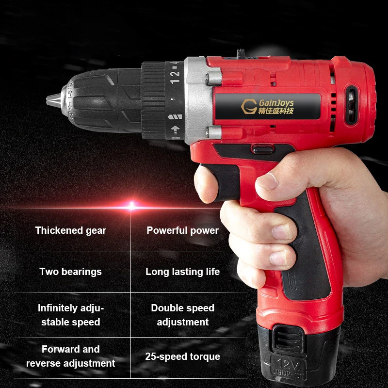 Gainjoys Hot Sales 12V Lithium-Ion Cordless Electric Brush Hand Drill Kit