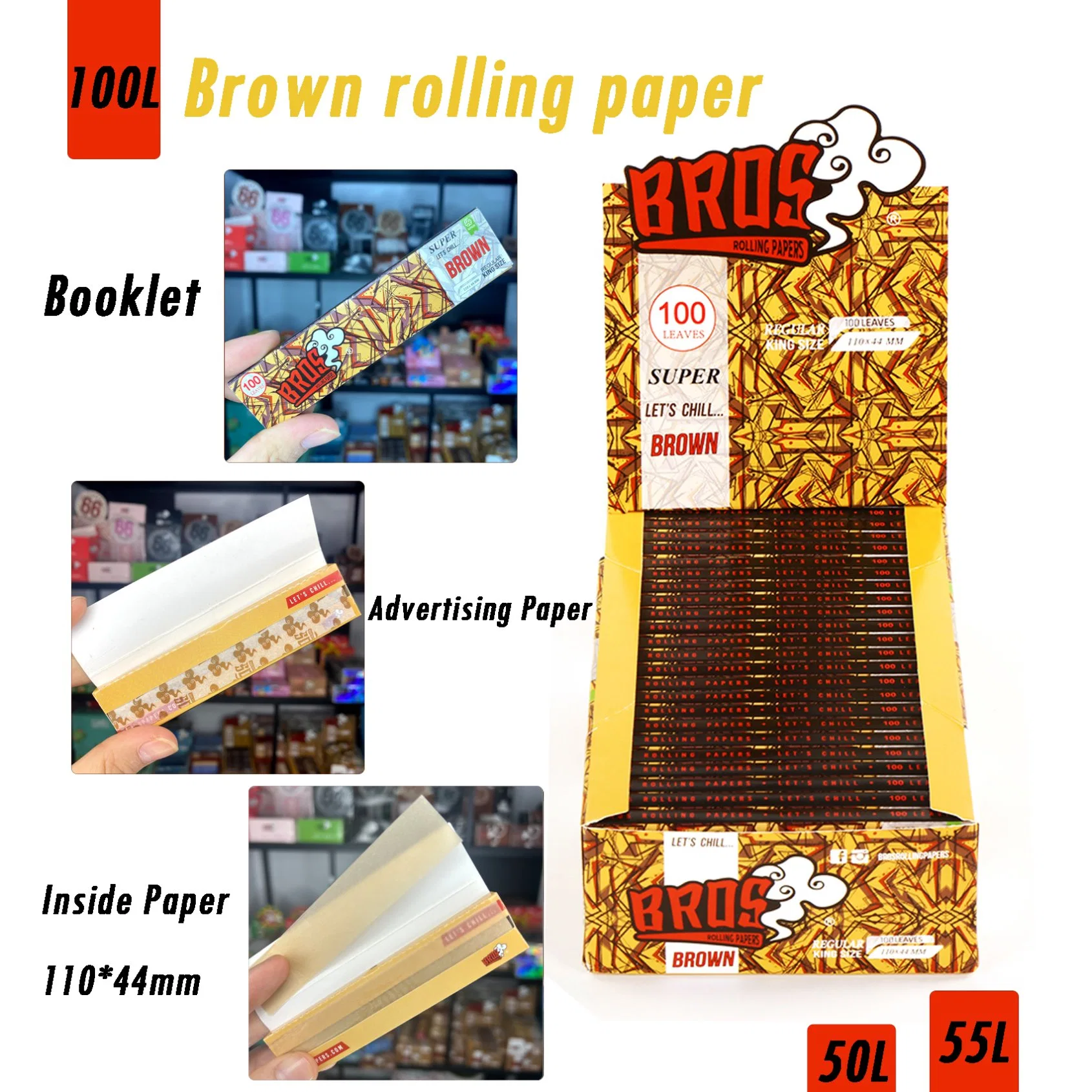 Bros 100 hojas Value Box Premium Blanco Blanco Rey Natural Tamaño Slim 50 Folleto de cigarrillos papel rodante