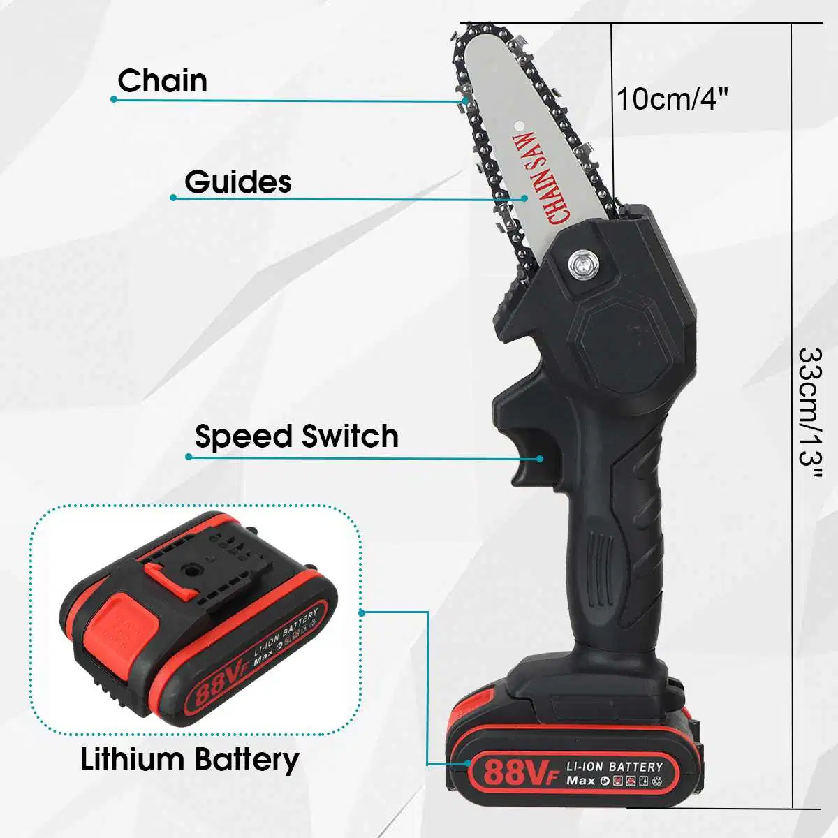 Sierra de poda portátil Sierra de poda recargable pequeña sierra eléctrica trabajadores de madera Chainsaw de una mano Sierra de cadena Mini Eléctrica Garden Logging