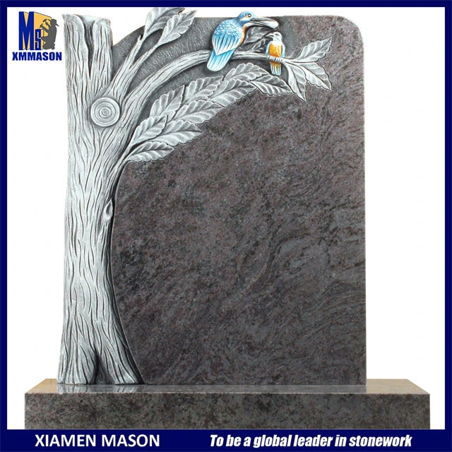 Bahama Blue Granite Gravestone with Antique Tree Trunk Sculpture