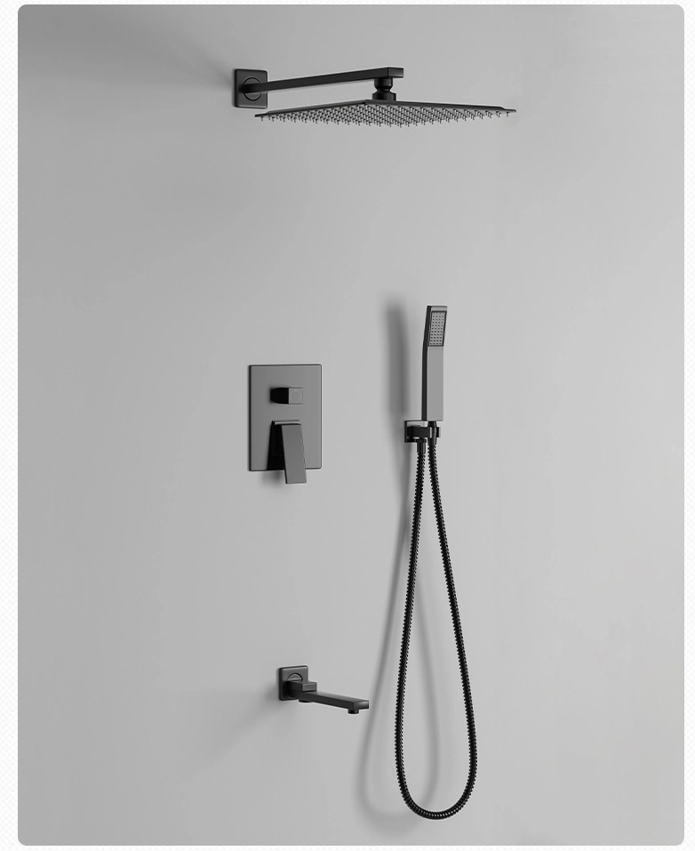 Black Square Flush Mounted Wall Shower Shower Set Three Function Embedded Shower Faucet