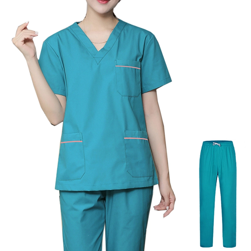 Fashion Top V-Neck Short-Sleeved Shirt with Two Pockets Beauty Health Uniform