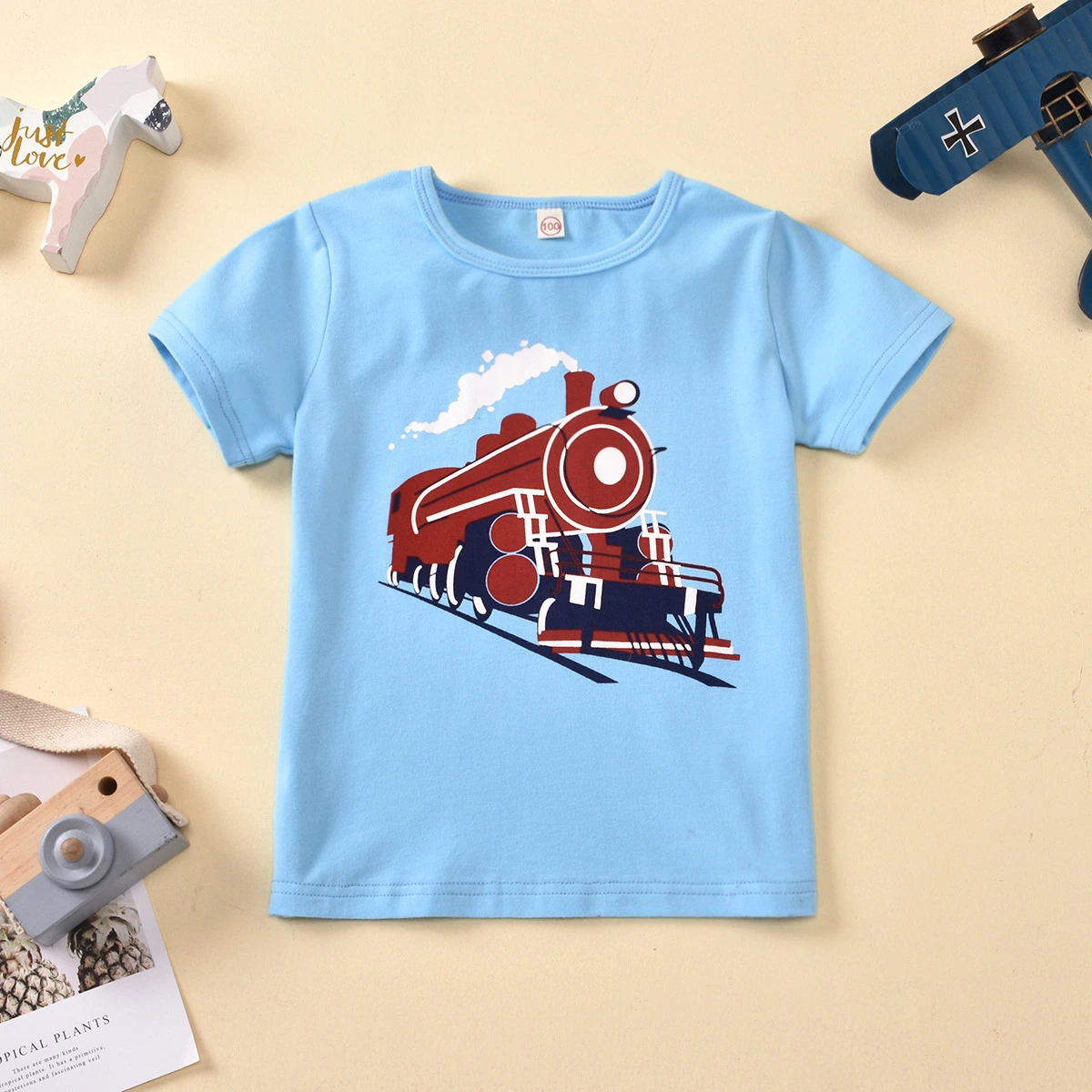 Children's T-Shirt Round Neck Short Sleeve Cartoon Train Print Small and Medium-Sized Children's T-Shirt