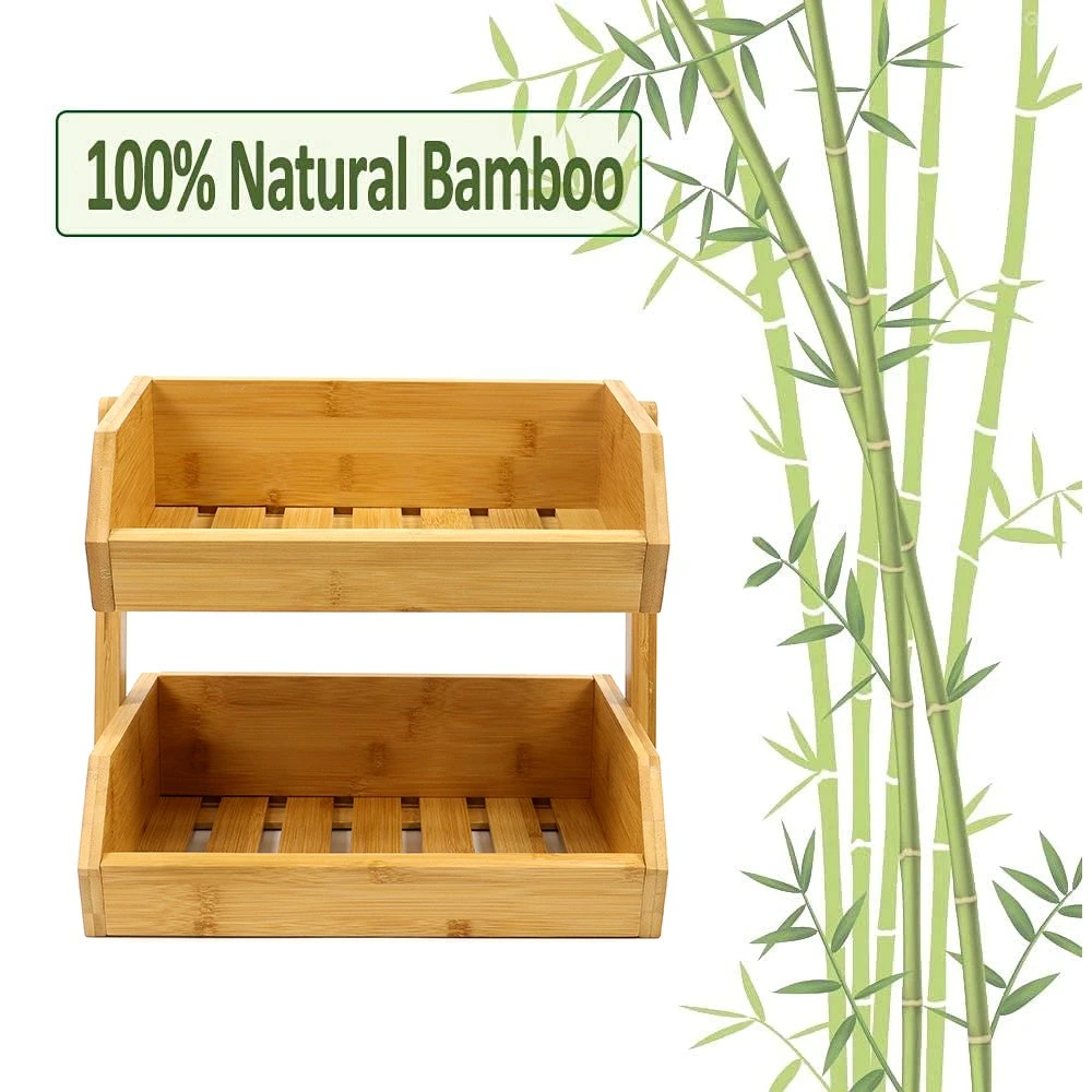 2 Tier Bamboo Fruit Basket for Kitchen Fruit Bowl for Kitchen Counter Large Capacity Fruit and Vegetable Storage