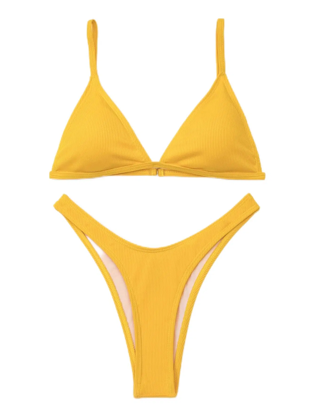 Women Sexy Beachwear Yellow Rib Triangle Bikini Swimsuit