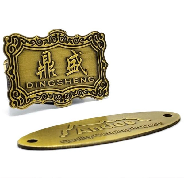 Factory Custom Made Antique Brass Plated Metal Alloy Name Badge Manufacturer Customized Signboard Bespeok Metallic Brand Logo Outdoor Adhesive Sign Plate