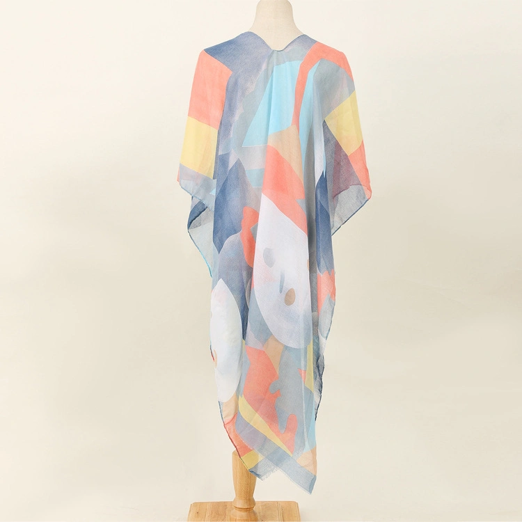 Women's Kimono Cover up Allover Print Ruffle Hem Beach Swimsuit Scarf