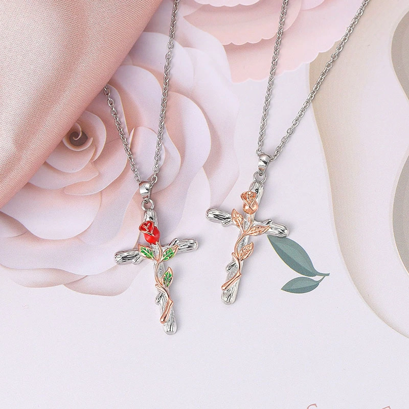 New Arrival Rose Wrapped Cross Pendant Necklace Creative Stainless Steel Drip Oil Clavicle Chain Women&prime; S Accessories