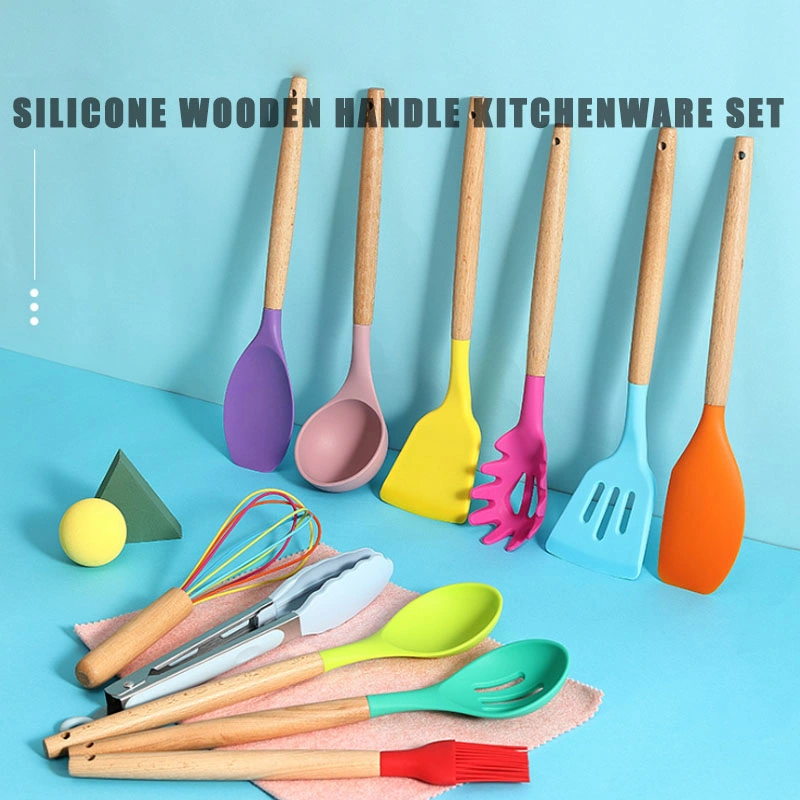 Silicone Wood Handle Cookware, Heat Resistant Kitchen Tools