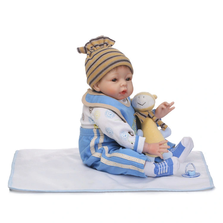 Reborn Baby Doll Soft Silicone Vinyl Baby Boy 22inch 55cm Mouth Cute Boy Wearing Toy Blue Cute Doll Gift Set for Ages 3+