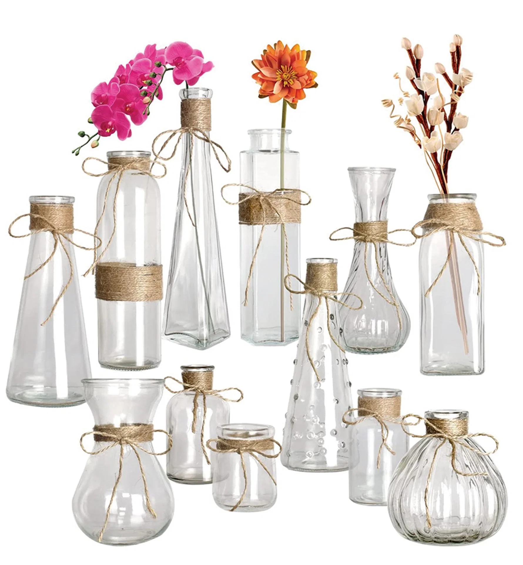 Full Range Assorted Clear Glass Planter Glass Vase with Jute Rope Decoration