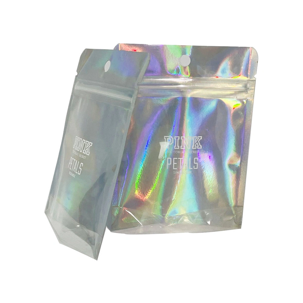 Sac d'emballage en plastique holographique pour bijoux, accessoires de téléphone portable et impression personnalisée.