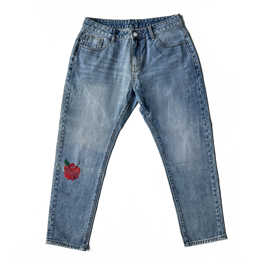 Además de tamaño personalizado bordado de algodón Loose-Fitting lavado Vintage Denim Jeans hombre