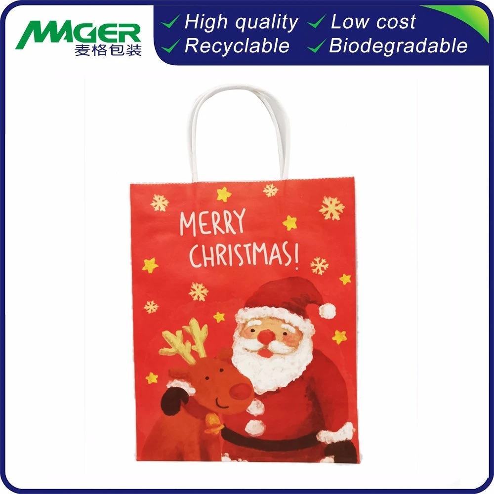 Custom Christmas Paper Bag FSC Certificate Brown Kraft Recycled Food Packaging Carry Bag Factory Price High quality/High cost performance 