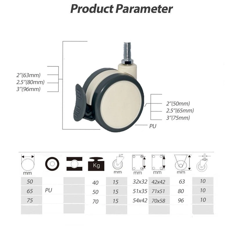 Roues en uréthane lit Twin l'équipement médical de mobilier à usage intensif de roulette pivotante avec frein de roulette de la vis filetée