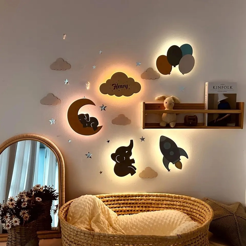 Wood Nursery Wall Decor Light Kids Room Wall Lamp Children's Room Decoration