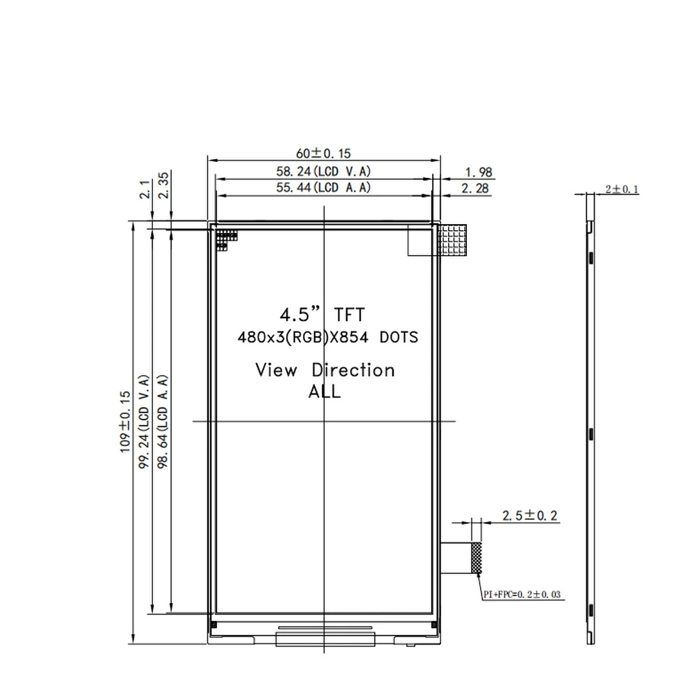 4.5 Inch 12 O'clock Viewing Direction TFT LCD 480X854 Pixels Medical Equipment Display