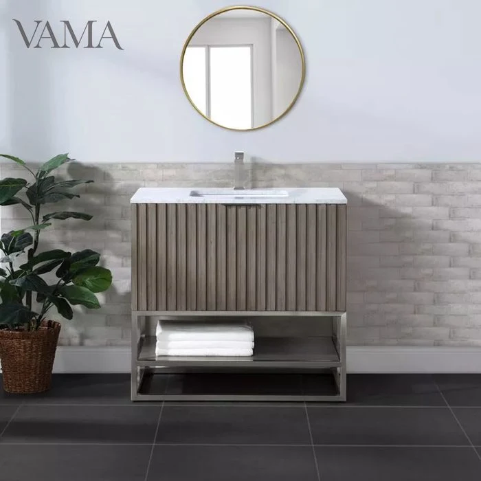 Vama 36" Banyo Dolabi MDF Ripple Finish Industrial Bathroom Cabinetry Furniture with Metal Base