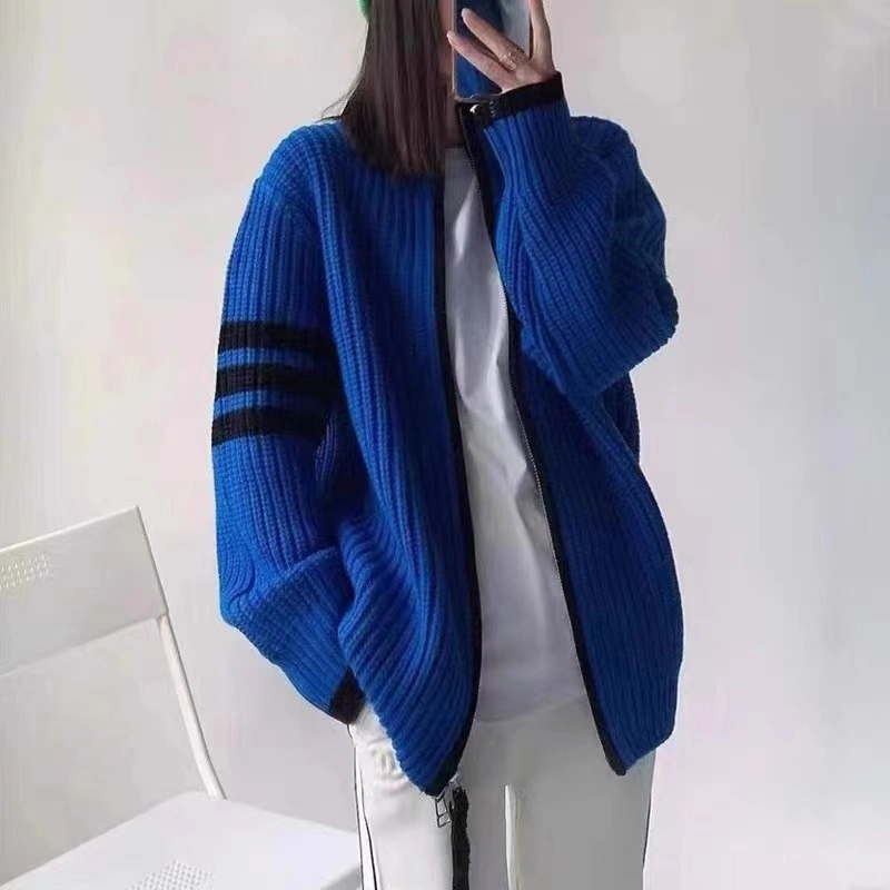 Double Zipper Knitted Coat Female 2023 Contrasting Color Stripe Stitching Loose and Thin Stand-up Collar Knitted Cardigan Outside to Put on Top