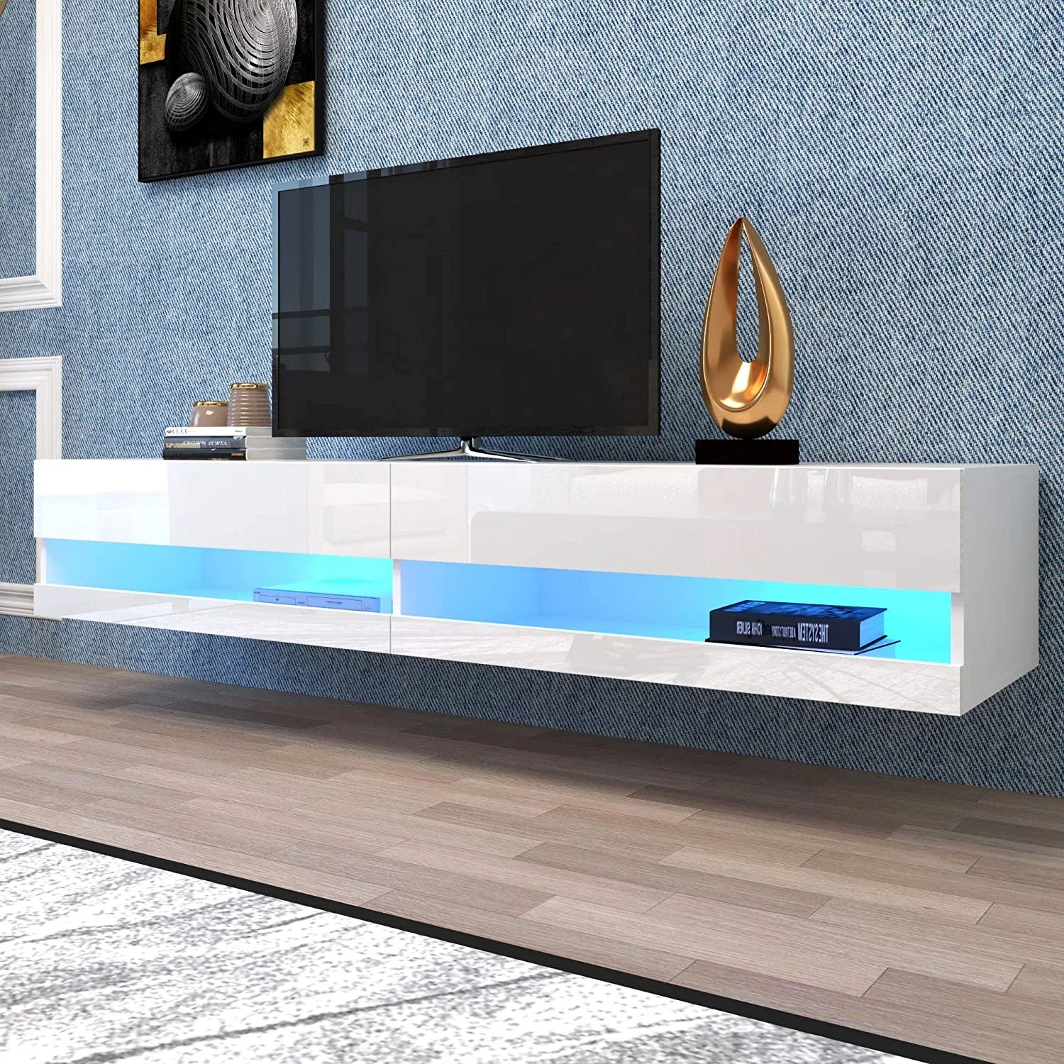 Luxury Modern White TV Cabinet Wood LED TV Unit Stand with Remote Control with Color-Changing Lighting