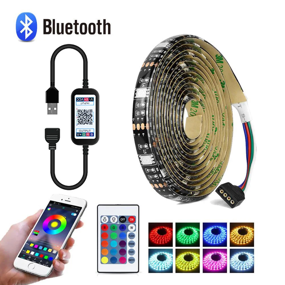 مصباح LED لشريط USB 5 فولت لزينة العطلات 5050 RGB ألوان مع وحدة تحكم عن بعد تعمل بمفتاح 24