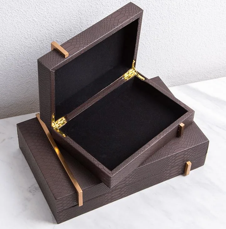 High End Home Decoration Pieces Antique Brass Texture Leather Jewelry Organizer Decorative Storage Box for Home Decor