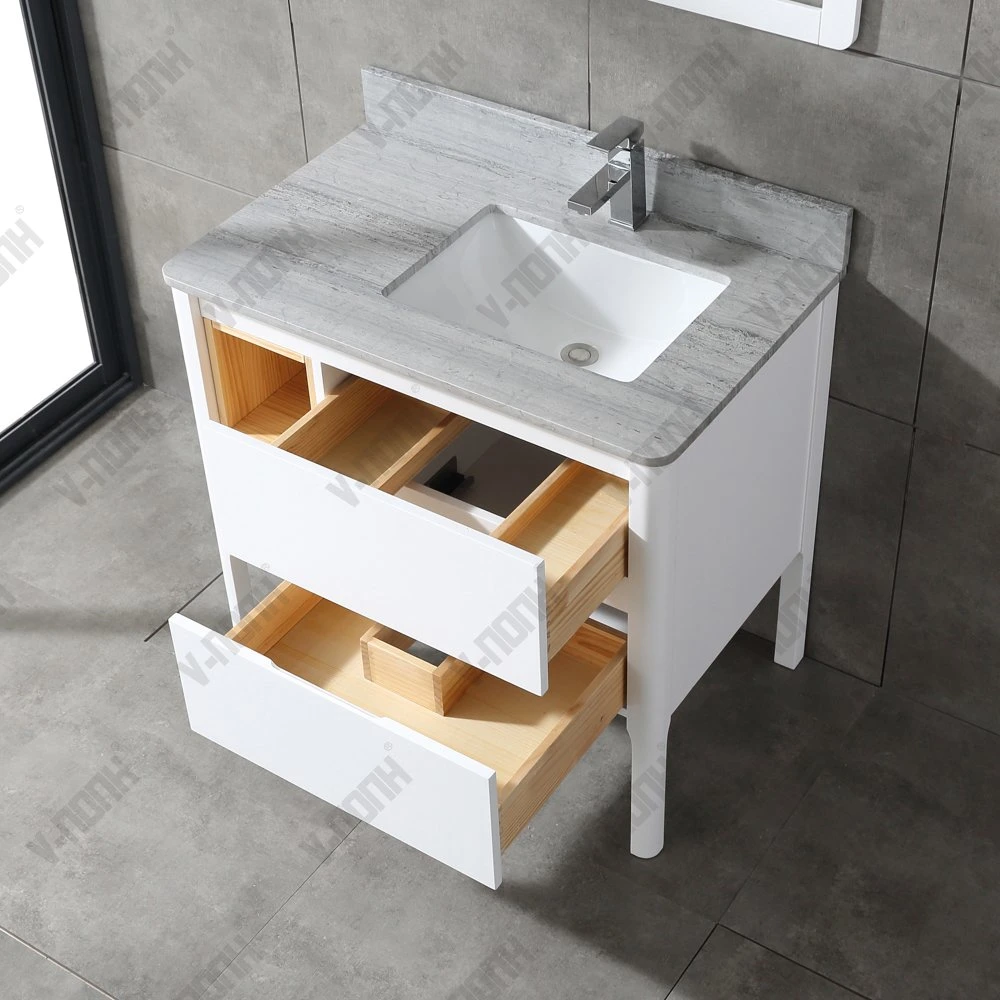 Modern White Finish Solid Wood Single Bathroom Vanity Unit