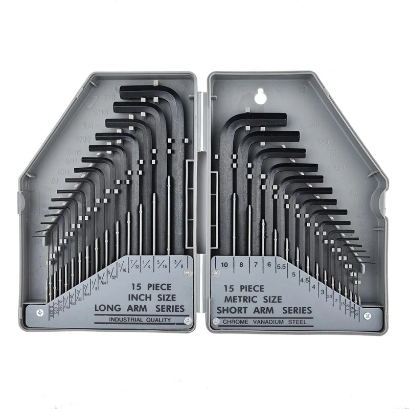 30PCS Hex Key Allen Wrench 0.028"- 3/8" Inch & 0.7mm-10mm Metric Size Chromium-Vanadium Steel Spanner Long Arm Tool Set
