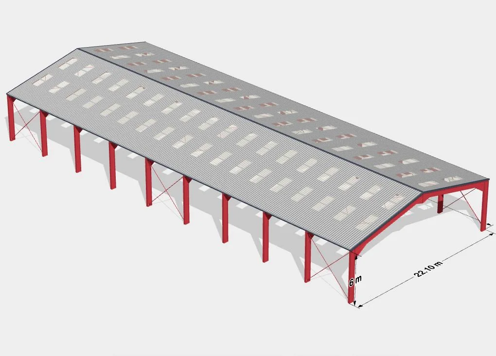 Europe Largeur (Envergure) : 24m, Hauteur : 6m, Longueur : 18-60m, Bâtiment agricole / entrepôt en structure métallique légère préfabriquée standard avec certification CE