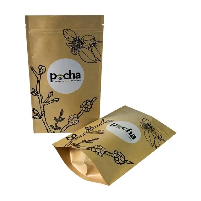 Custom Printed Logo Tea Snacks Packing Stand up Pouch Bag Aluminum Foil 100 Percent Biodegradable Kraft Paper Ziplock Bags Food Packaging