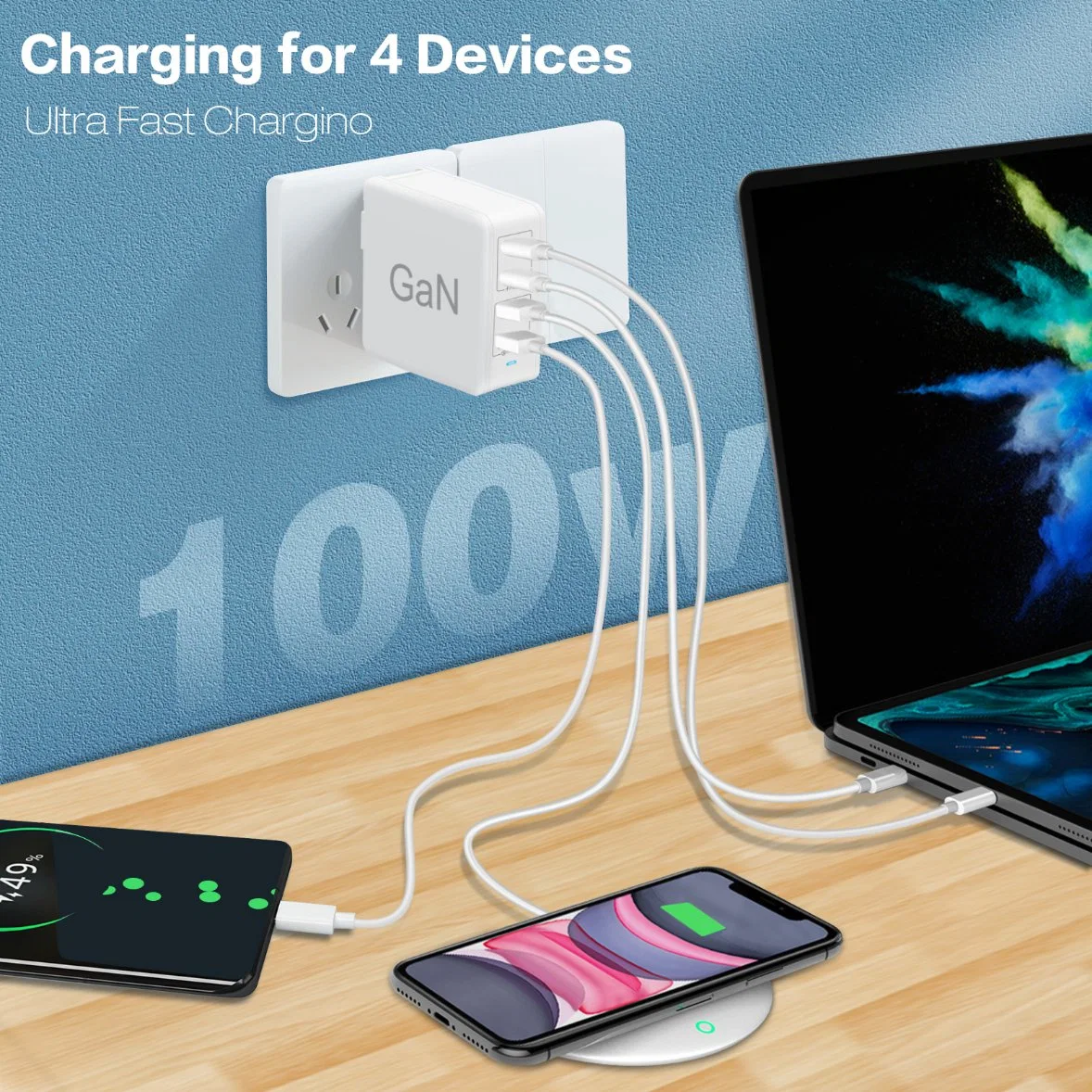 Cargador USB C 100W GAN Tipo C Cargador rápido PD 4 puertos compatibles con MacBook PRO Air, iPhone, iPad PRO, Galaxy, DELL XPS dispositivos portátiles USB C 4 puertos (blanco)