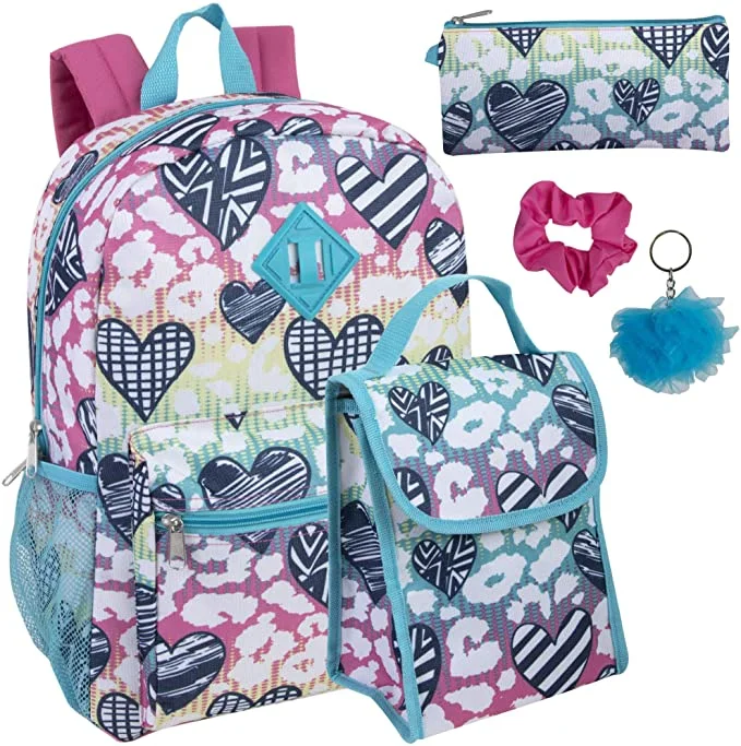 6 in 1 School Backpack Set for Girls with Lunch Bag, Pencil Case, Keychain, and Accessories