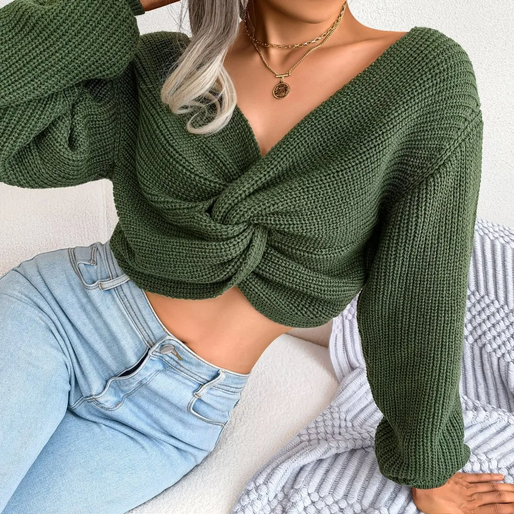 Ins Wind 2023 Autumn and Winter Europe and America Long-Sleeved Knotted Crop Knitted Sweater Independent Station Amazon Cross-Border Women&prime; S Wear
