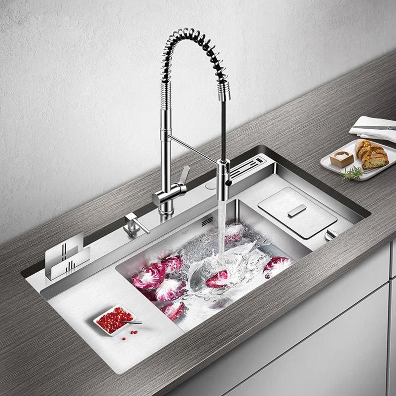 SUS304 Handmade Single-Bowl Kitchen Sink, Finely Brushed with Drainer, Kitchen Tap, and Garbage Bin Included, with an Additional Defrosting Board