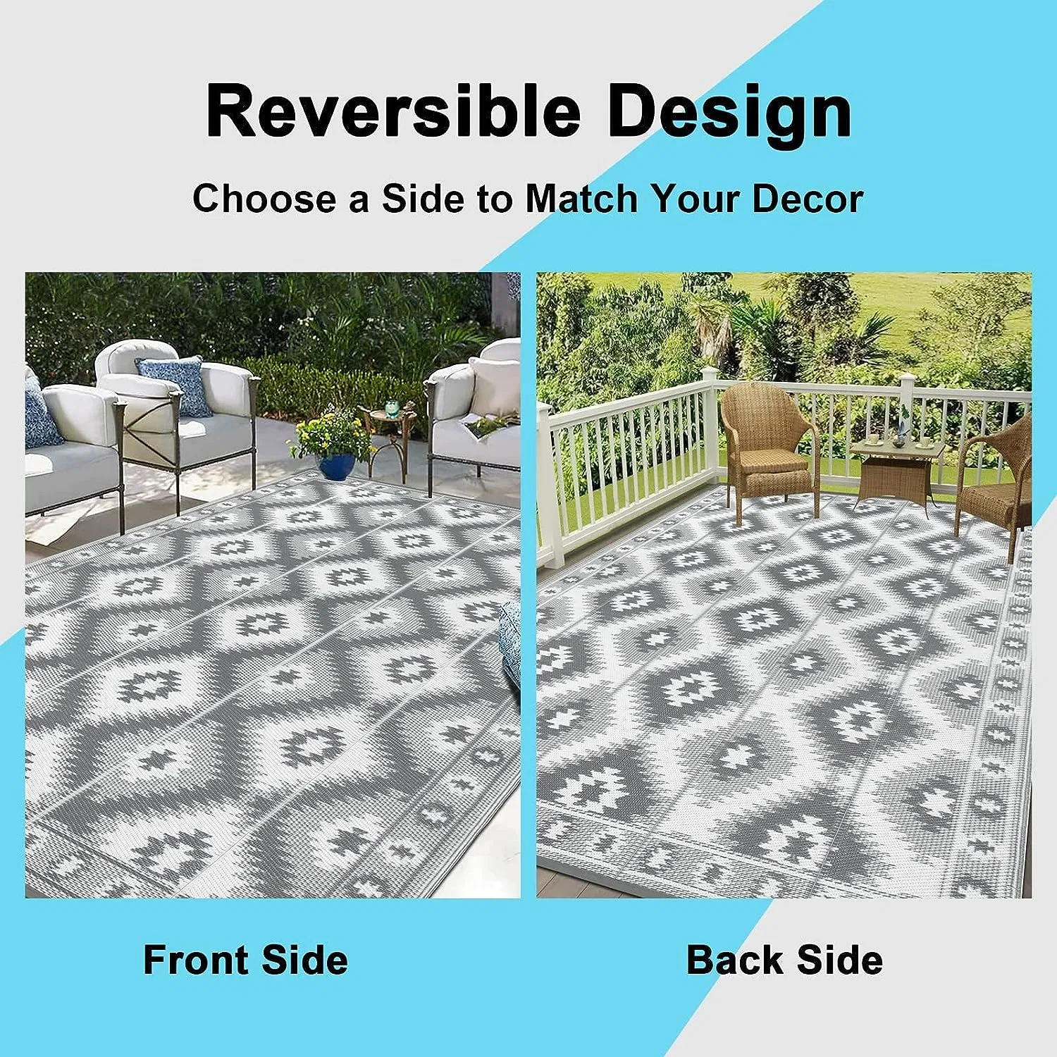 Reversible RV Camping Tent Rug Outside Area Rug for RV, Patios, Deck, Beach, Balcony, Camping