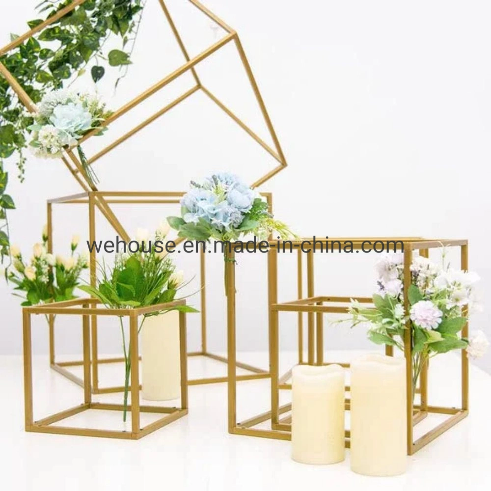 Rectangle Gold Metal Wedding Flower Vase Flower Stand for Wedding Party Table Centerpiece Road LED
