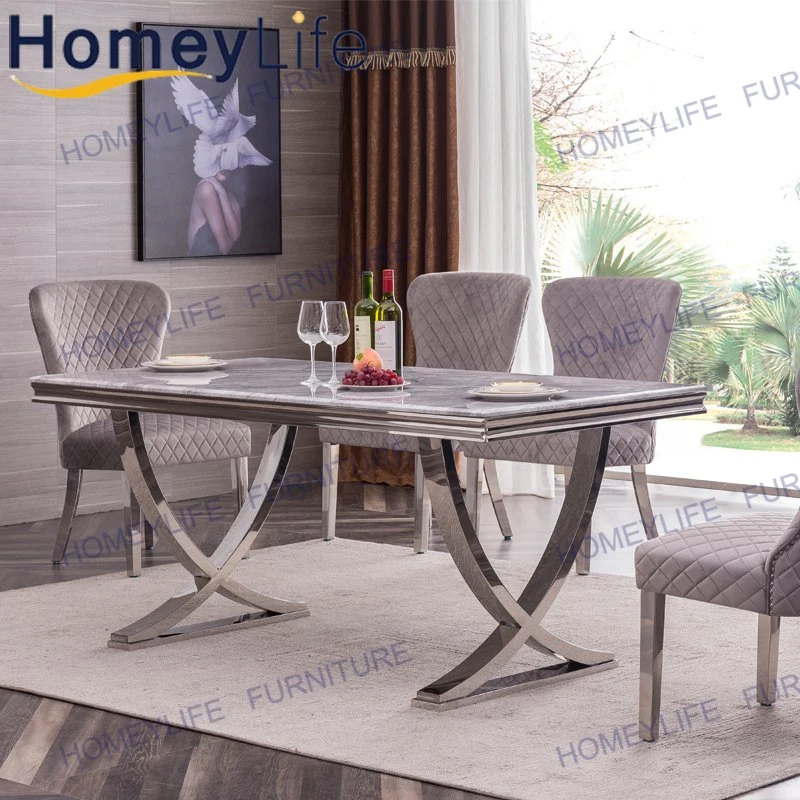 Contemporary Furniture Double Cross Stainless Steel Base Marble Top Dining Table