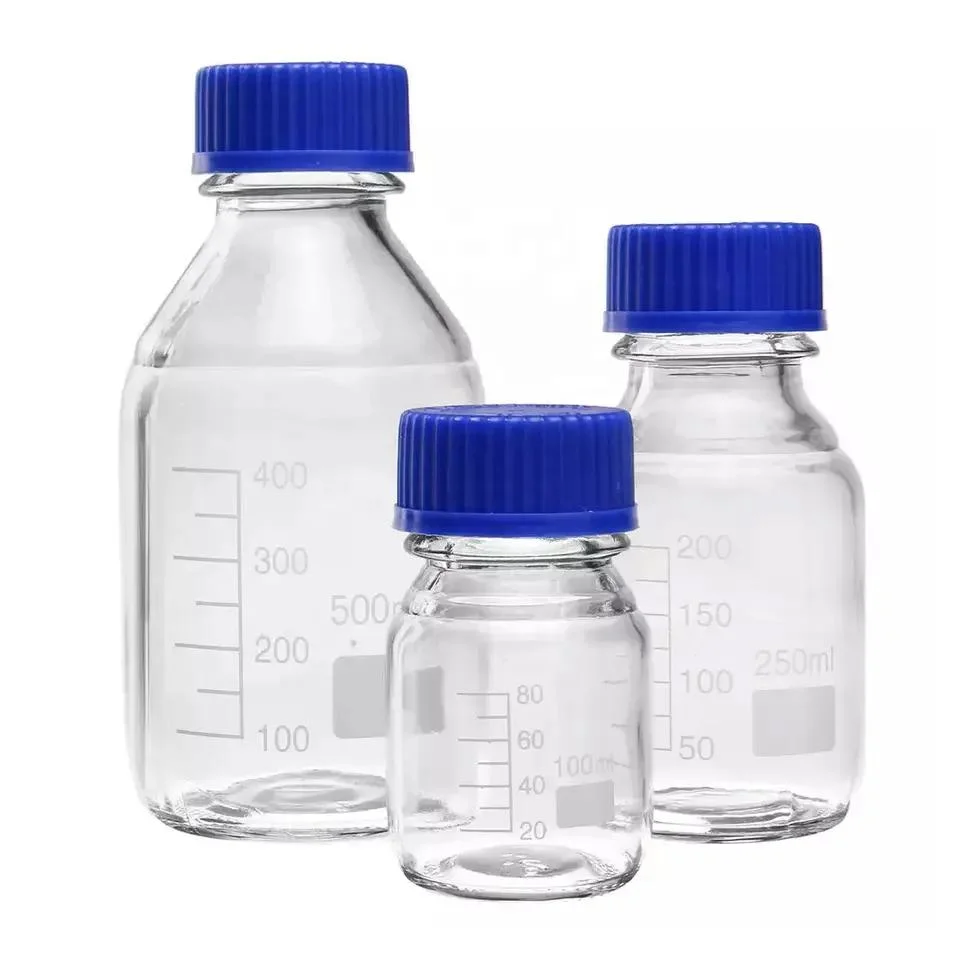 100ml 250ml 500ml 1000ml Clear Graduated Culture Media Bottles Laboratory Glass Reagent Bottle with Plastic Blue Screw Lid