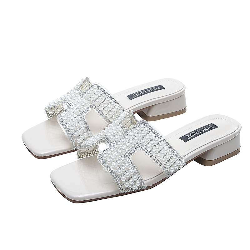 2020 New Arrival Summer Female Slippers Low Heel Fashion Ladies Shoes with Square Head H Rhinestone Design